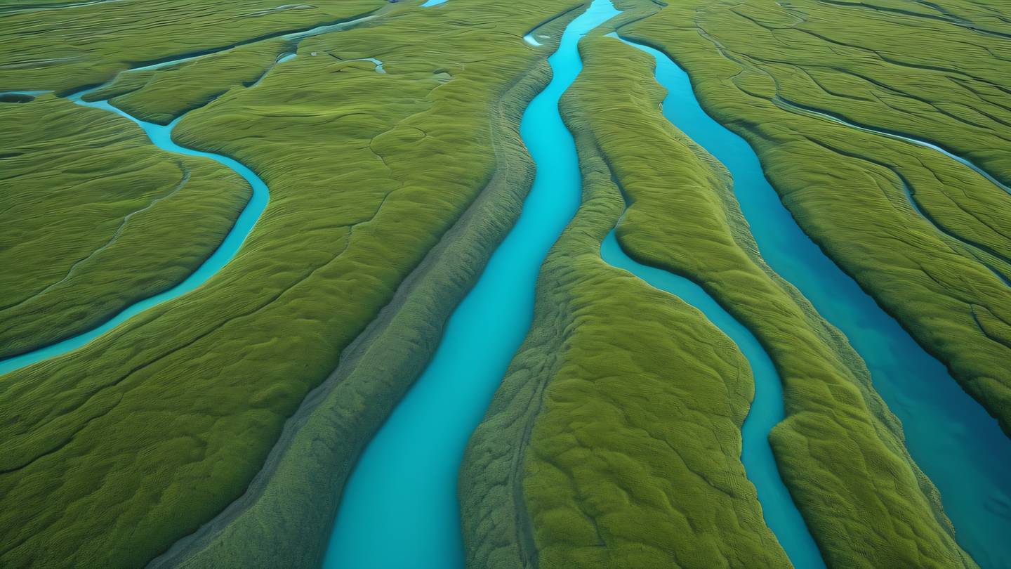 Abstract flowing patterns resembling a peaceful river delta viewed from above with turquoise blue water channels weaving through fresh moss-colored land formations high-quality ultra-realistic cinematic 8K UHD high resolution sharp and detail