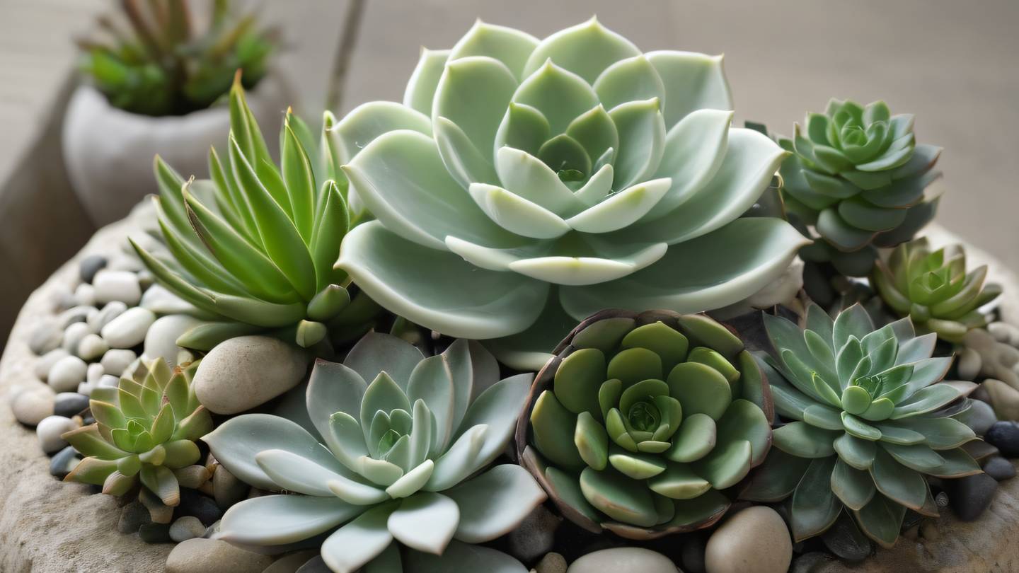 Elegant white and sage green succulents arrangement with natural stones photographed from a 45-degree angle with soft natural lighting high-quality ultra-realistic cinematic 8K UHD high resolution sharp and detail