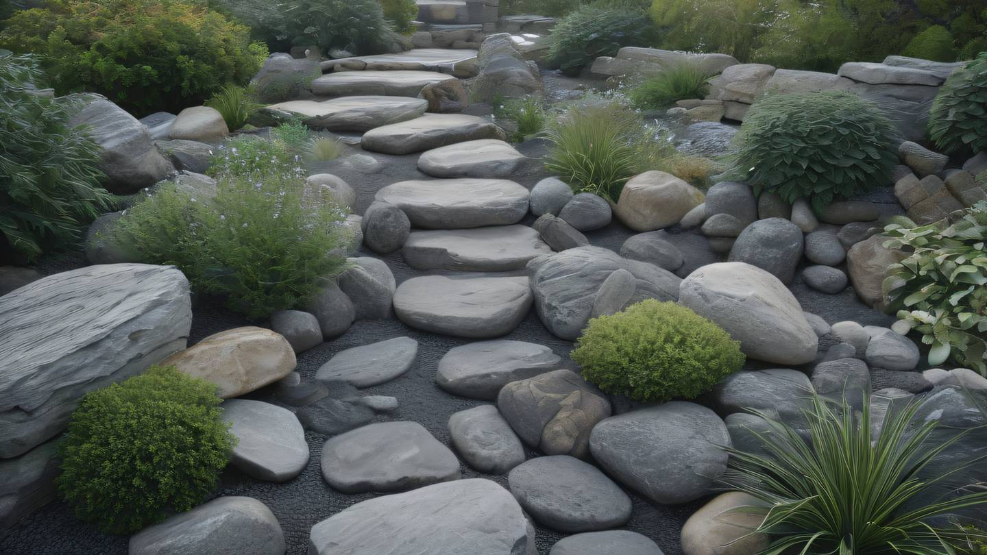 A peaceful stone garden with gentle morning mist featuring naturally stacked rocks in varying shades of gray and beige captured from a bird's eye view high-quality ultra-realistic cinematic 8K UHD high resolution sharp and detail