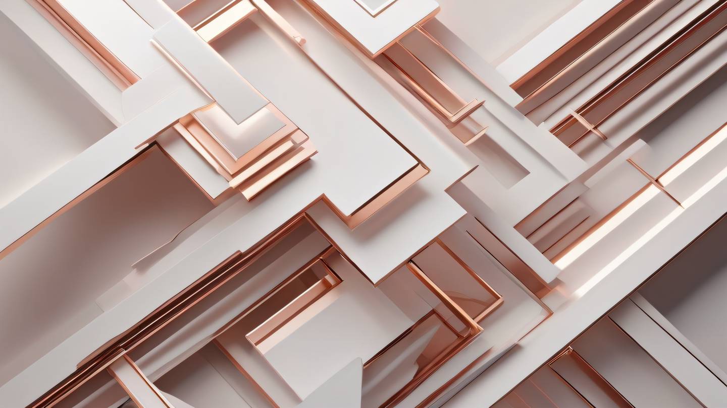 An abstract geometric composition featuring interlocking shapes and flowing lines in white and rose gold tones captured from a top-down perspective with dramatic lighting representing the concept of type safety and validation - ultra-realistic cinematic 8K UHD high resolution sharp and detailed