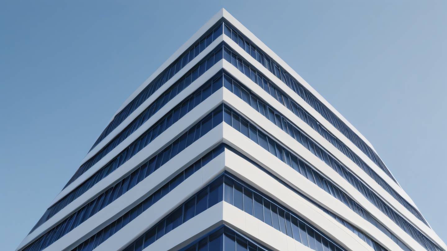 A minimalist architectural structure with clean lines and geometric patterns in navy blue and white photographed from a low angle perspective showcasing structural integrity - high-quality ultra-realistic cinematic 8K UHD high resolution sharp and detailed