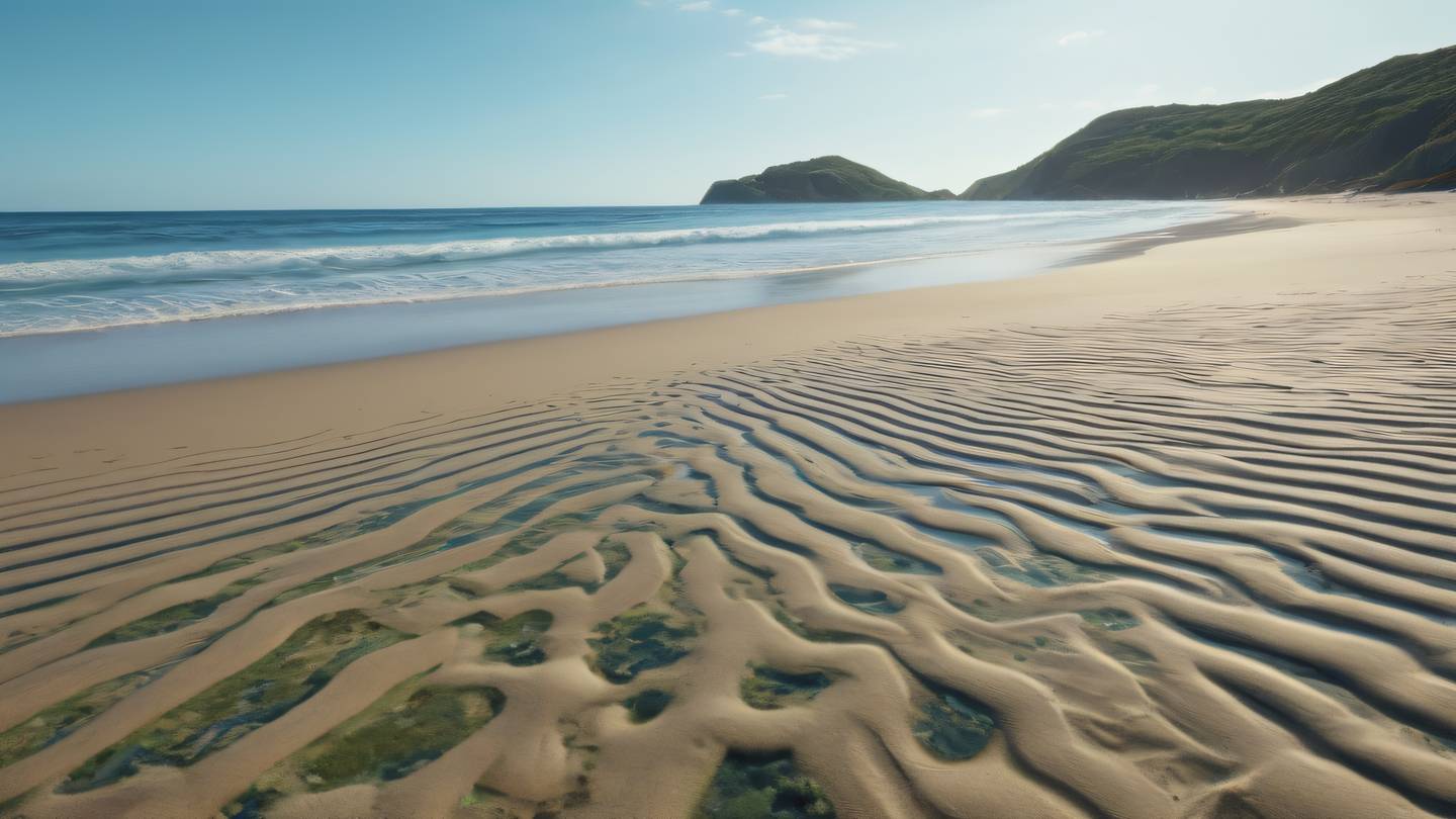 A serene beach landscape with geometric patterns drawn in the sand featuring seaweed green and stone blue colors shot from a beach-level perspective with waves in the background - high-quality ultra-realistic cinematic 8K UHD high resolution sharp and detailed
