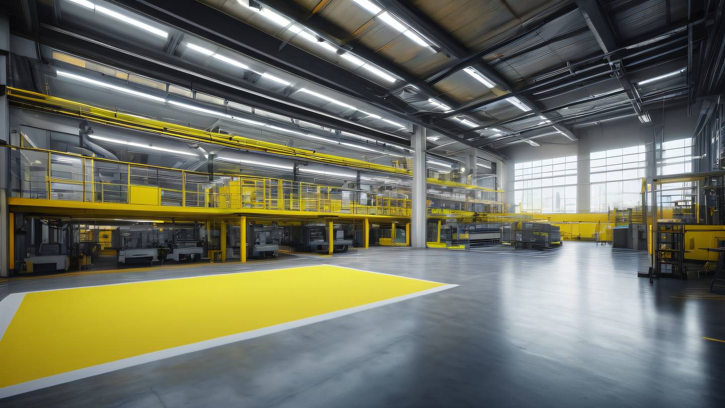 A modern industrial interior with metallic and glass elements in bright neon yellow and white colors photographed from a wide-angle perspective showing depth and scale - high-quality ultra-realistic cinematic 8K UHD high resolution sharp and detailed