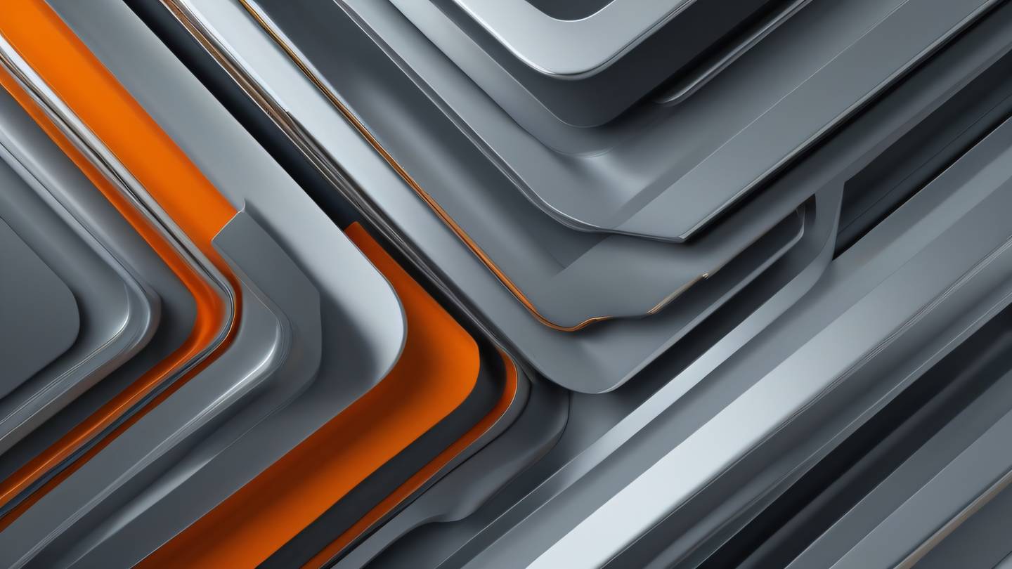 Abstract geometric shapes forming a flowing pattern bright zinc metallic colors with warm orange accents flowing from left to right ultra-realistic cinematic lighting shot from above at 45-degree angle 8K UHD high resolution sharp and detailed