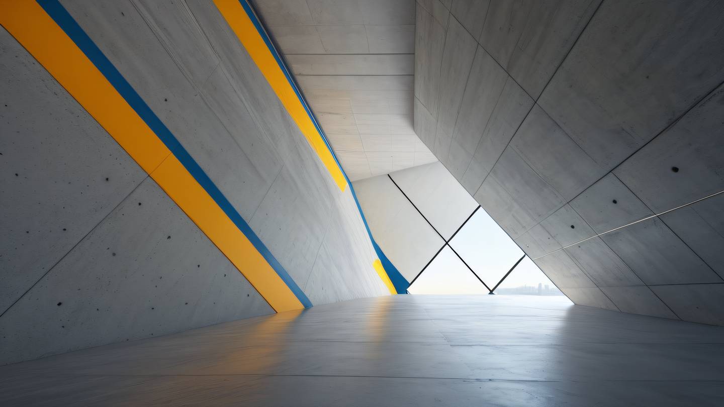 Modern concrete interior with diagonal lines and geometric patterns minimalist yellow and blue color scheme with subtle orange accents photographed with wide-angle lens from ground level high-quality ultra-realistic cinematic 8K UHD high resolution sharp and detail