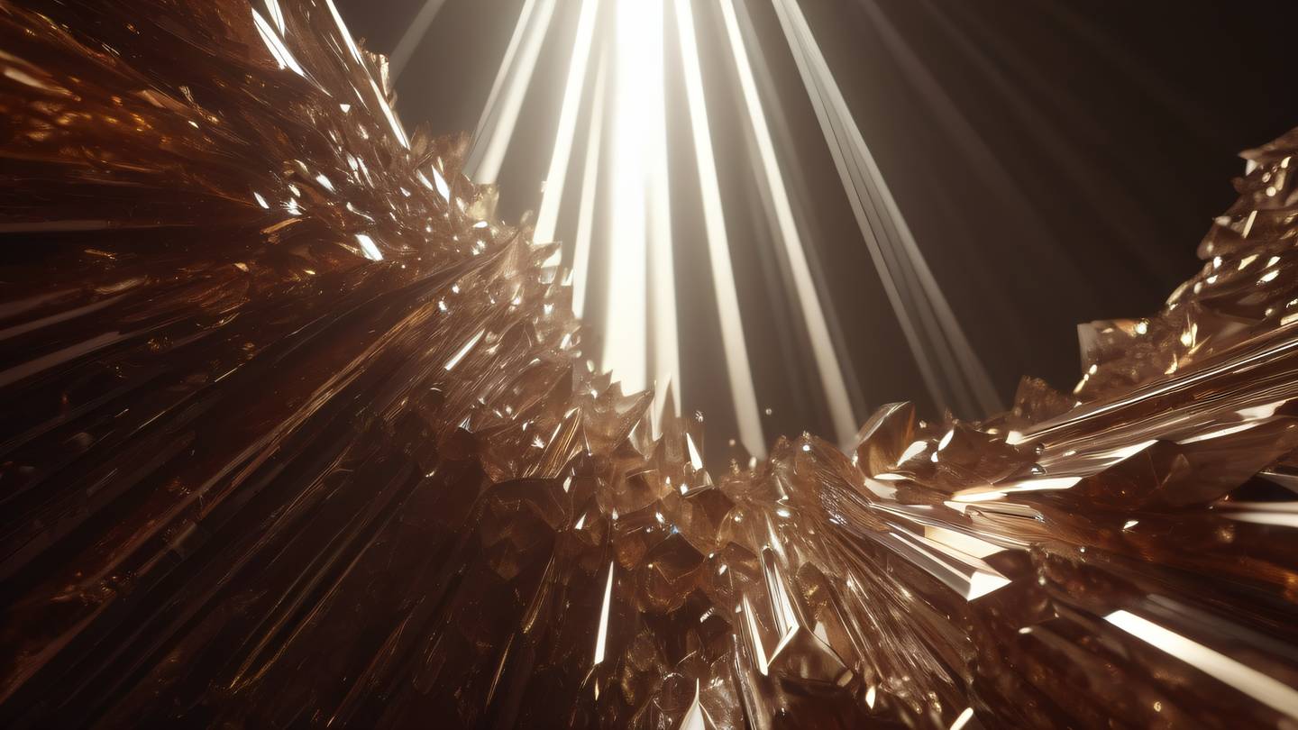 Light rays piercing through geometric crystal formations rich brown and mahogany tones with cream highlights captured from a low angle perspective looking up high-quality ultra-realistic cinematic 8K UHD high resolution sharp and detail