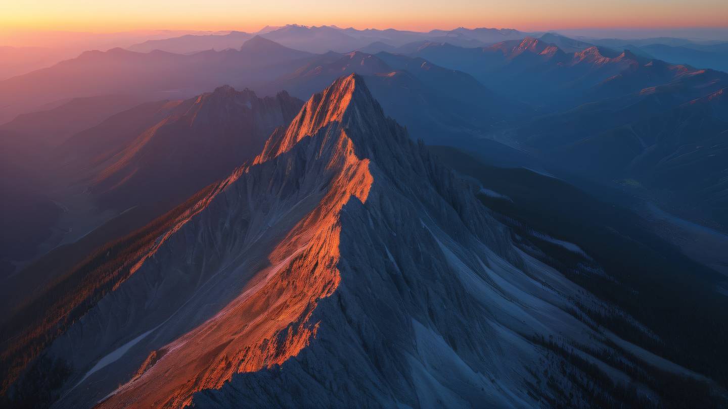 Rocky mountain peaks at sunset with geometric patterns overlaid bright neon orange and blue gradient sky viewed from drone perspective looking down high-quality ultra-realistic cinematic 8K UHD high resolution sharp and detail
