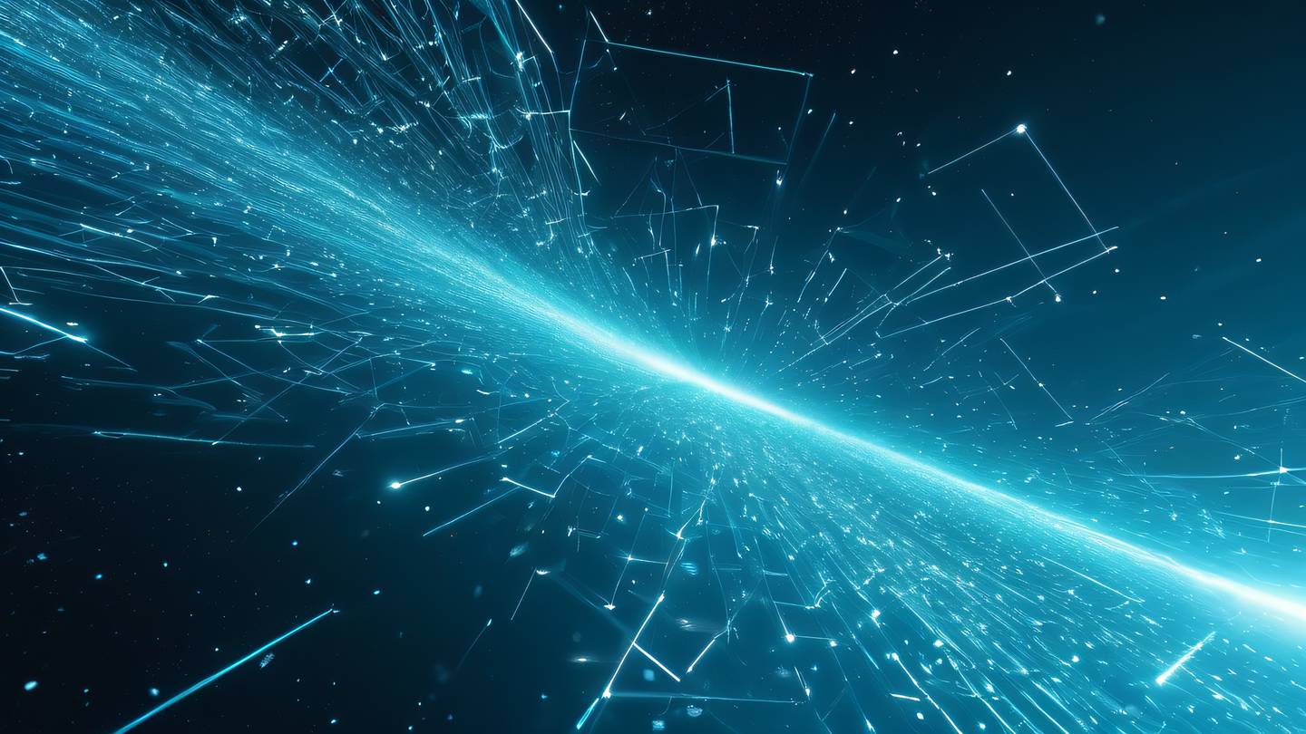 A futuristic abstract composition of interconnected geometric shapes floating in space with streams of data visualized as flowing light particles color scheme: bright cyan blue and pristine white shot from a low angle perspective looking up high-quality ultra-realistic cinematic 8K UHD high resolution sharp and detail