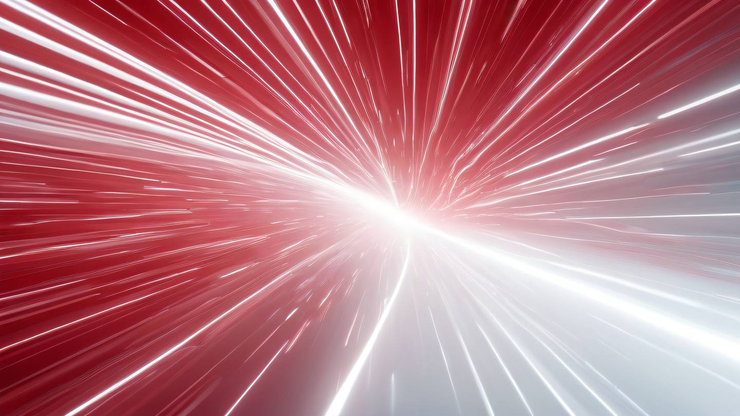 A dynamic abstract visualization of data flow represented by bright light streams against a clean backdrop color scheme: bright white and blood red photographed from a bird's eye view angle high-quality ultra-realistic cinematic 8K UHD high resolution sharp and detail