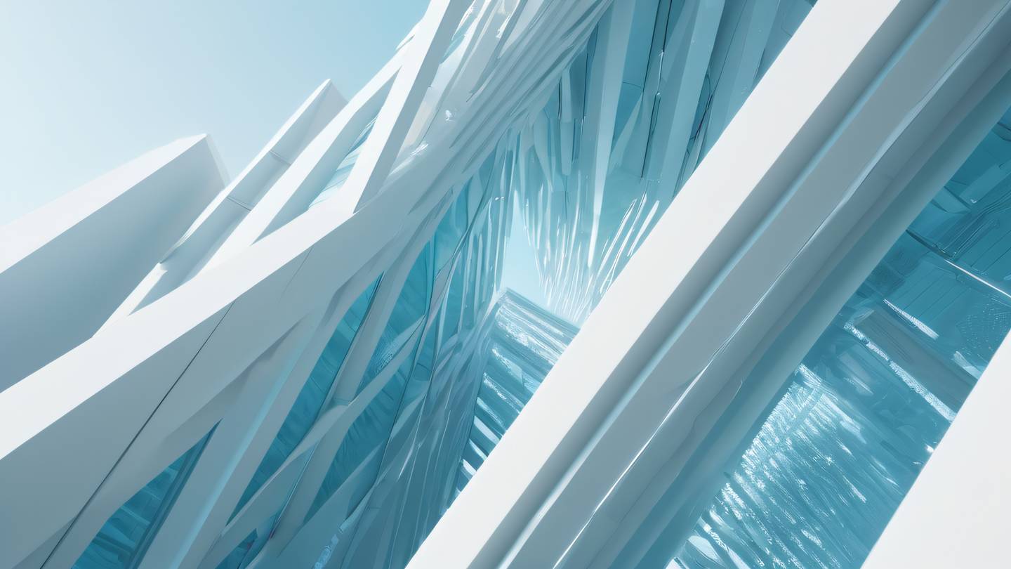 An abstract architectural structure with floating crystalline elements and energy fields color scheme: pale blue and bright white creating an ethereal atmosphere captured from an upward diagonal angle high-quality ultra-realistic cinematic 8K UHD high resolution sharp and detail