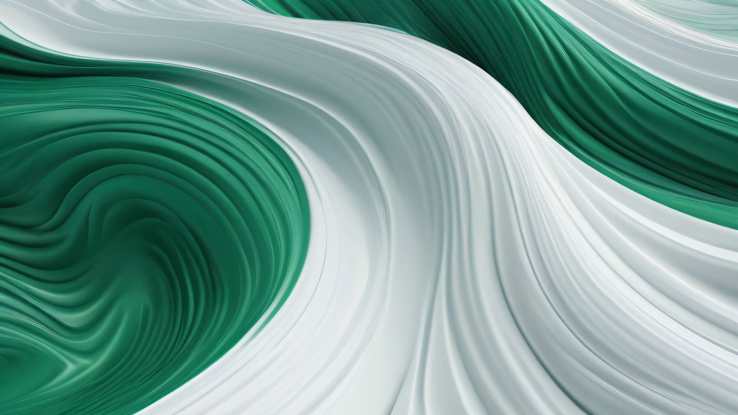 Abstract fluid motion of white and emerald green waves intertwining in a geometric pattern representing smooth scrolling and efficient data handling captured from top-down perspective high-quality ultra-realistic cinematic 8K UHD high resolution sharp and detail