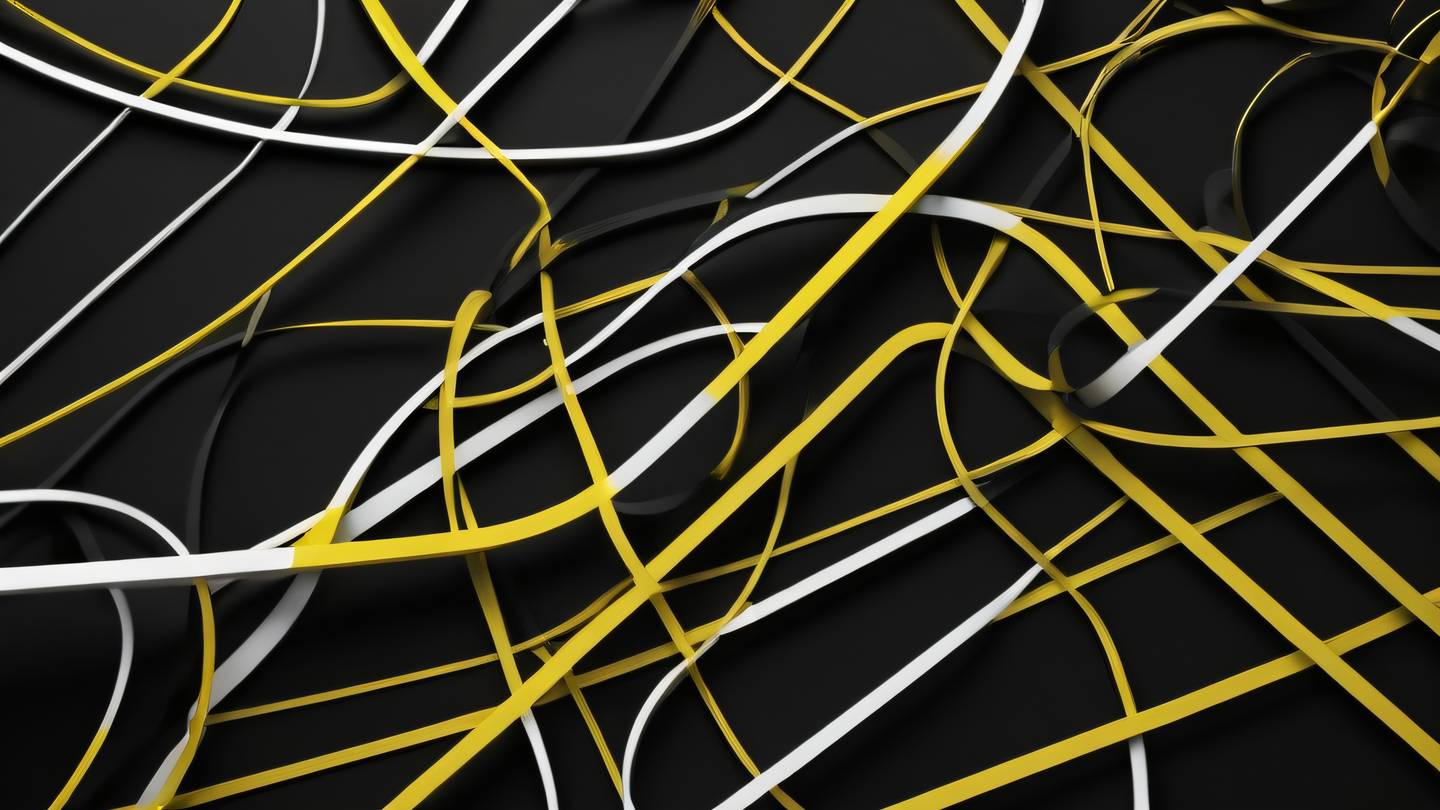 Abstract geometric shapes flowing and interweaving in a dynamic pattern featuring bright yellow and white elements against a deep black background sharp contrast ultra-realistic cinematic lighting 8K resolution shot from a top-down perspective with slight tilt to show depth