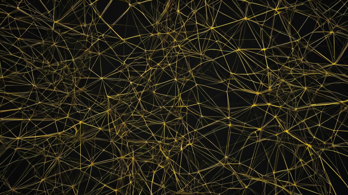 Aerial view of interconnected geometric patterns in yellow and white tones creating a complex network structure against a black background shot directly from above high-quality ultra-realistic cinematic 8K UHD high resolution sharp and detail