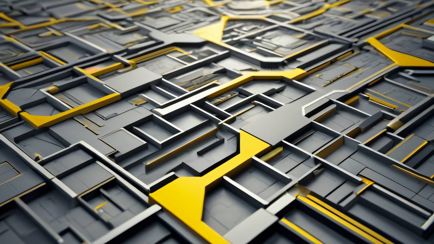 Abstract geometric patterns representing data flow and processing with bright yellow and stone colored elements flowing in organized paths viewed from a slight low angle perspective high-quality ultra-realistic cinematic 8K UHD high resolution sharp and detail