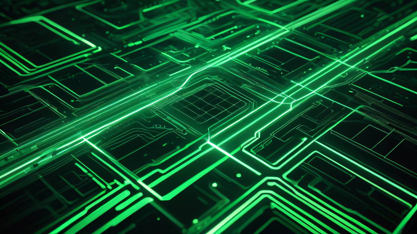 A dynamic abstract composition showing interweaving streams of dark green and neon green light representing data processing and parallel computing captured from a bird's eye view perspective high-quality ultra-realistic cinematic 8K UHD high resolution sharp and detail