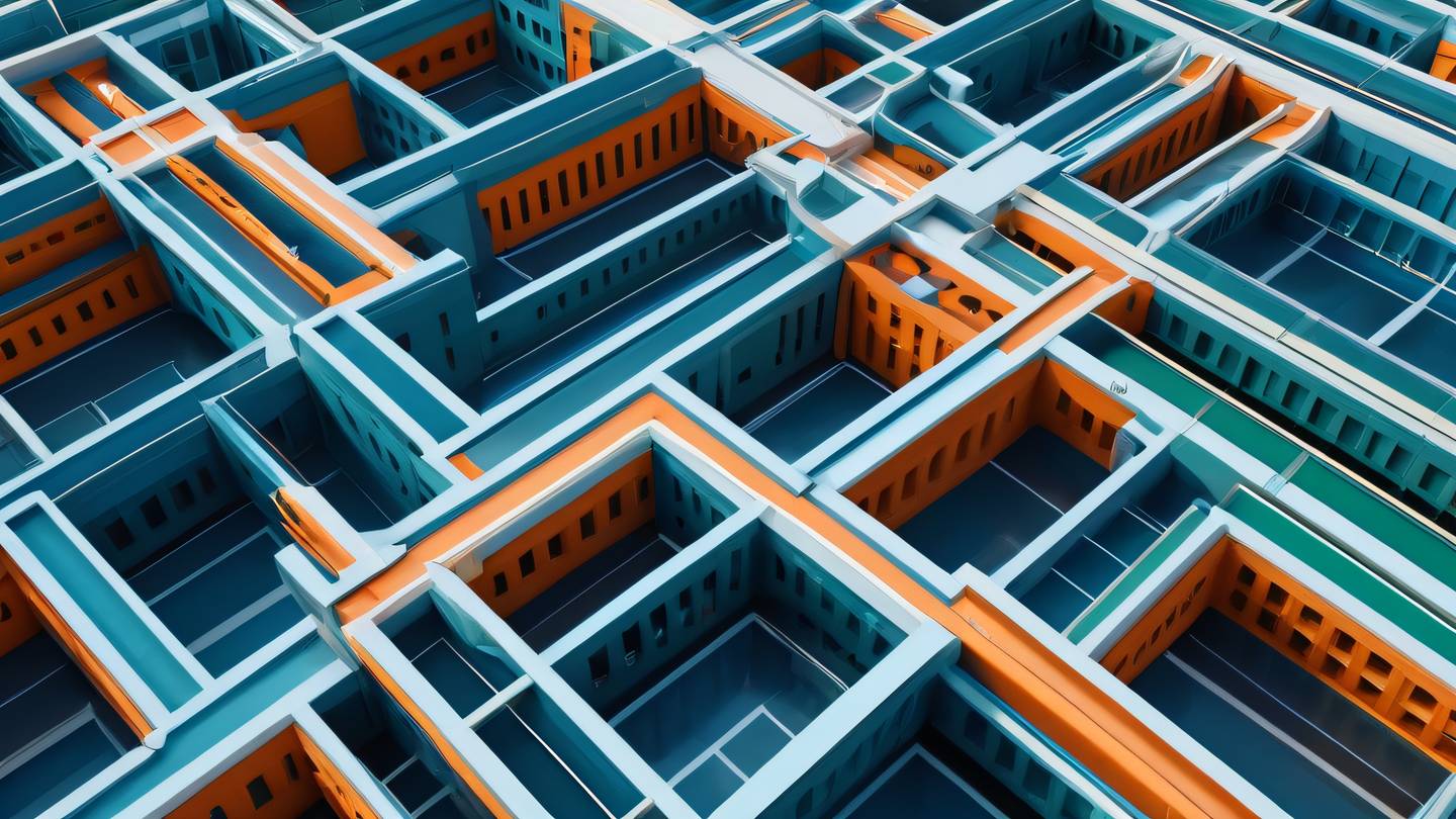 An abstract geometric composition representing interconnected architectural elements featuring flowing lines and modular shapes in bright blue orange and green tones shot from a top-down perspective high-quality ultra-realistic cinematic 8K UHD high resolution sharp and detail