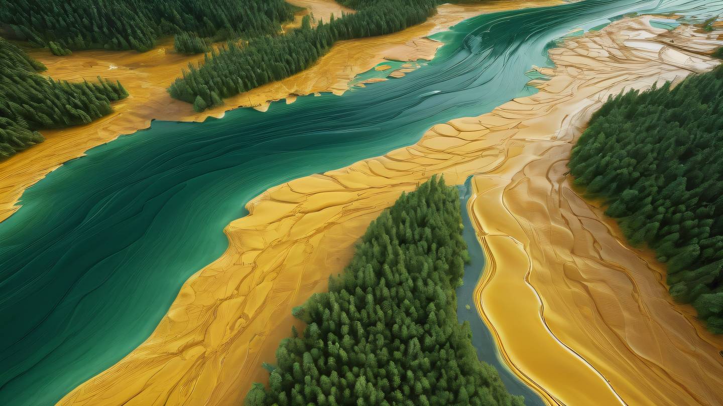 A flowing abstract river-like pattern with interconnected crystalline structures in butterscotch yellow and forest green captured from a 45-degree angle high-quality ultra-realistic cinematic 8K UHD high resolution sharp and detail