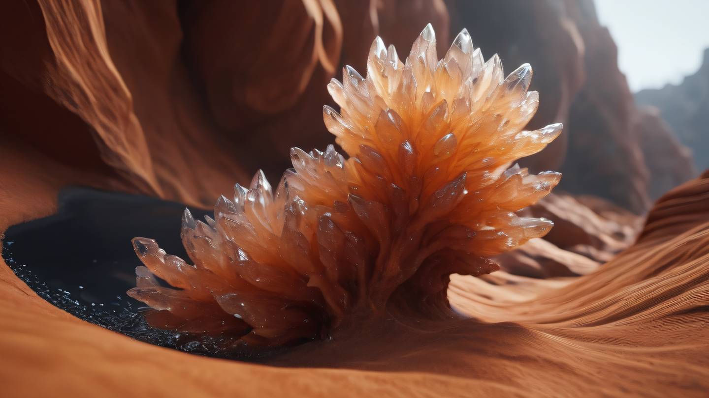 Crystal formations emerging from a smooth surface with bright terracotta and black colors swirling together viewed from a ground-level perspective high-quality ultra-realistic cinematic 8K UHD high resolution sharp and detail