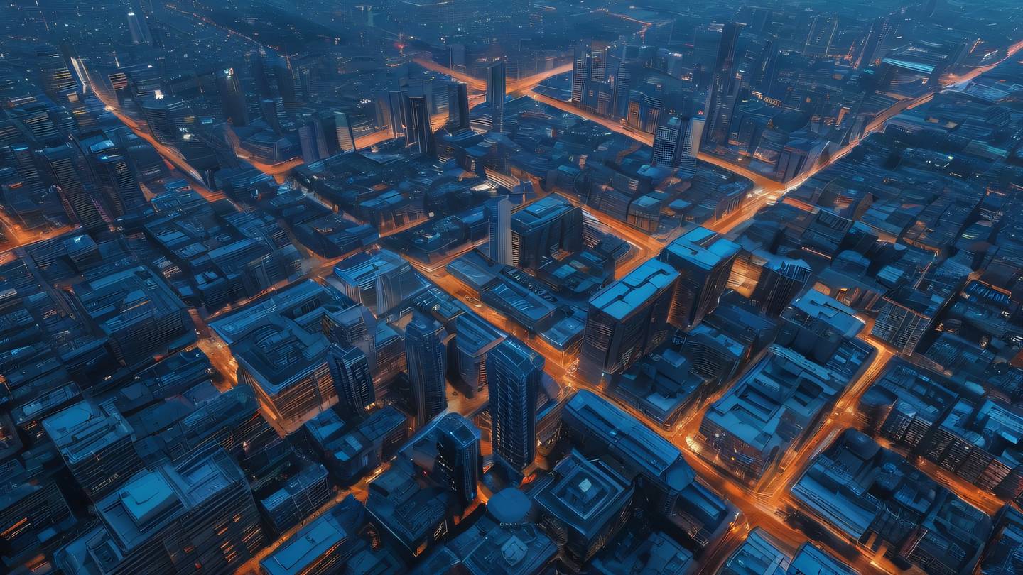 A modern architectural cityscape with geometric patterns and clean lines featuring bright neon blue and orange accents against a clear sky photographed from an aerial perspective high-quality ultra-realistic cinematic 8K UHD high resolution sharp and detail