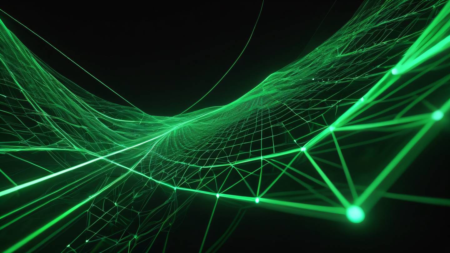 A futuristic abstract visualization of web optimization featuring flowing bright green geometric patterns against a black background with interconnected nodes and light trails suggesting data flow and performance. Shot from a low angle perspective looking up ultra-realistic cinematic 8K UHD high resolution sharp and detailed