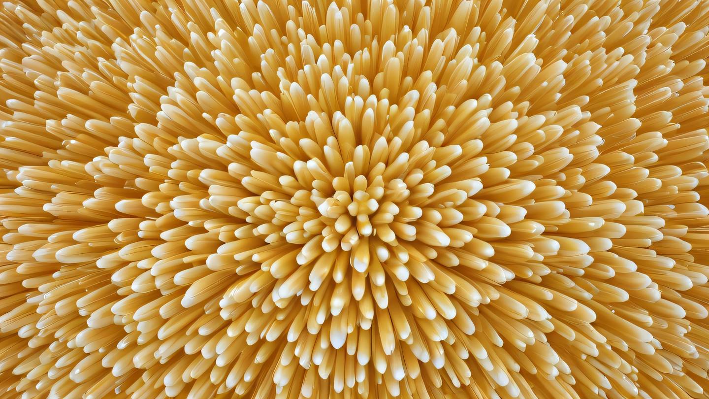 An abstract representation of floating crystalline structures in butterscotch yellow and white arranged in a fixed pattern captured from a top-down perspective high-quality ultra-realistic cinematic 8K UHD high resolution sharp and detail