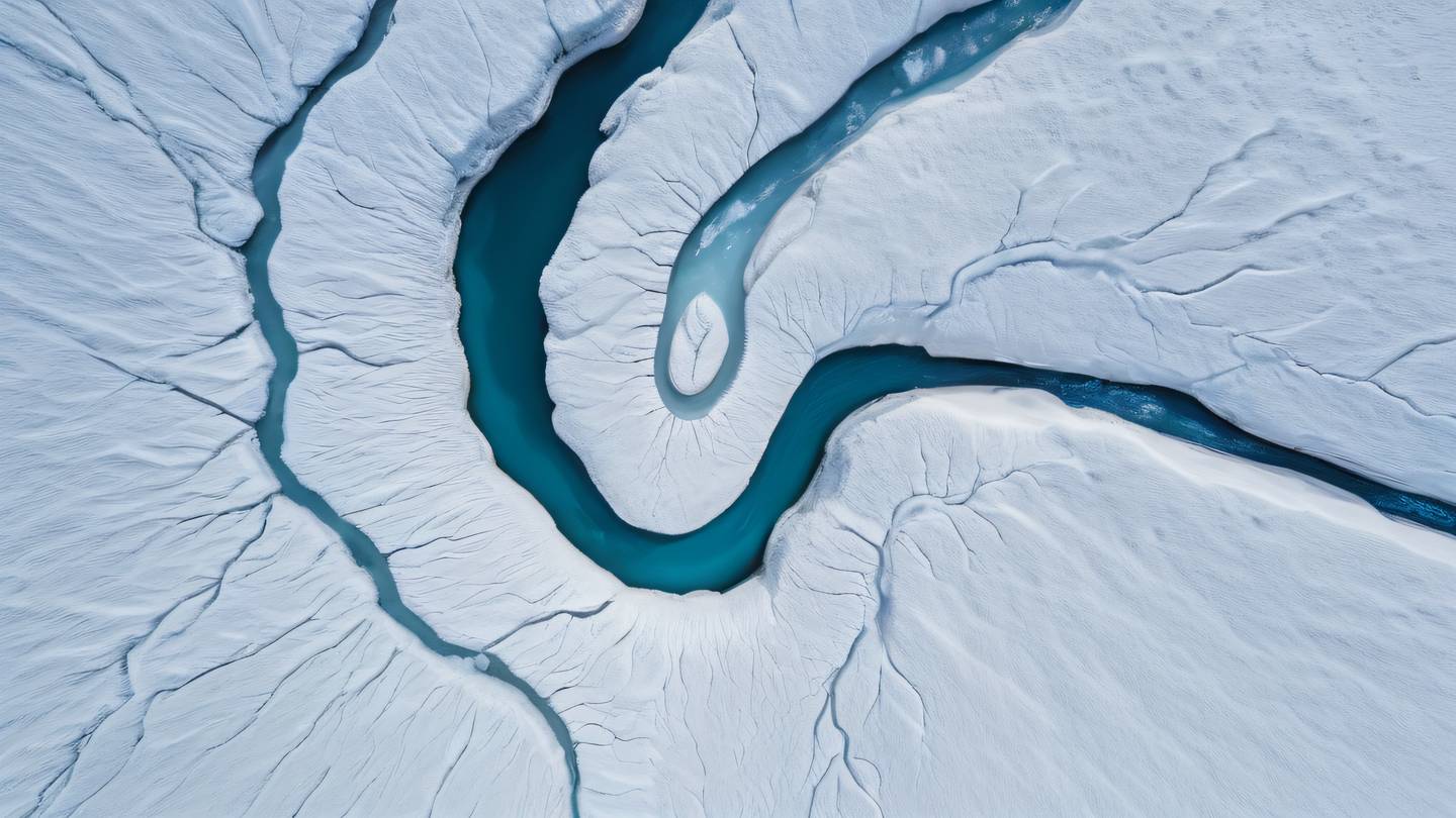 Top-down view of a winding river through snow-covered terrain pristine white snow contrasting with deep azure blue water scattered ice fragments creating geometric patterns shot from high altitude high-quality ultra-realistic cinematic 8K UHD sharp and detailed