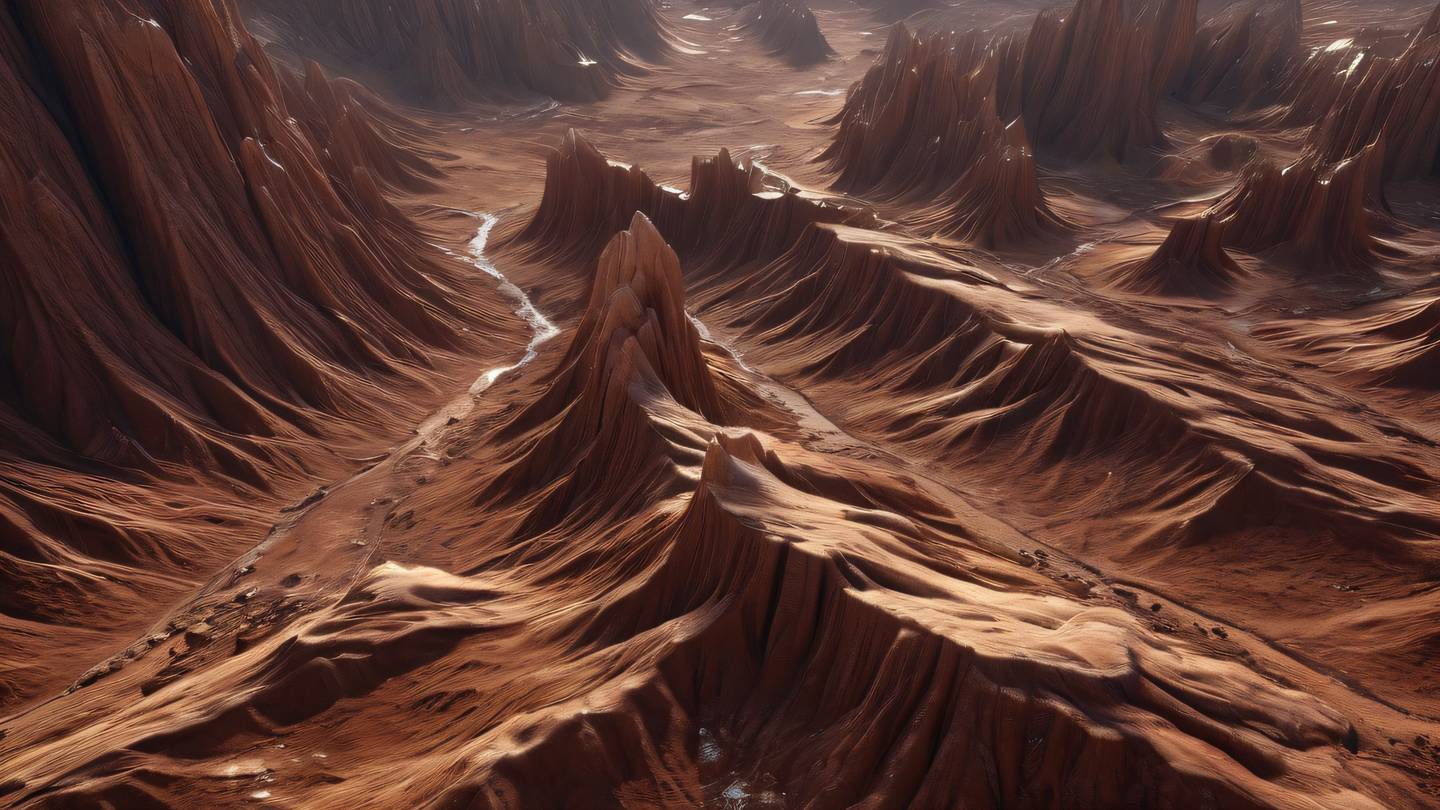 Crystalline formations emerging from earth rich brown and mahogany colors with streams of light high-quality ultra-realistic cinematic 8K UHD high resolution sharp and detail dutch angle