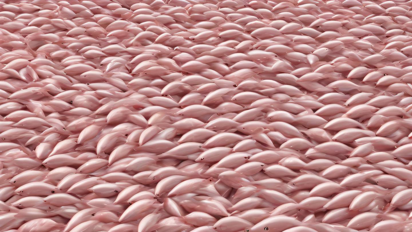 Abstract fish swimming in a dynamic pattern rendered in rose and off-white colors creating a flowing harmonious composition captured from a straight-on perspective with slight elevation high-quality ultra-realistic cinematic 8K UHD high resolution sharp and detail