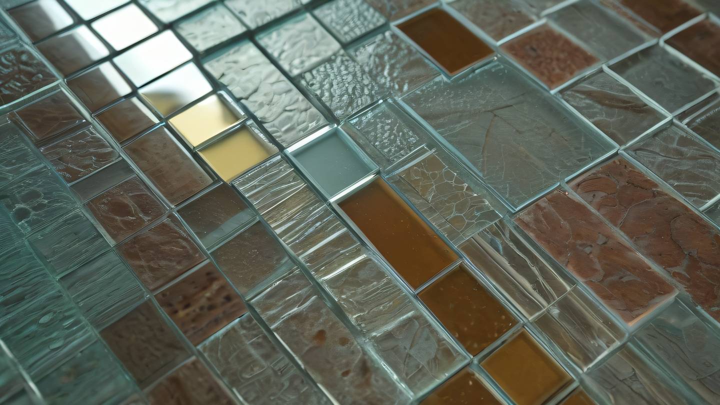 Close-up macro shot of etched glass texture with sun-washed brick and breezeway colors creating abstract patterns shot from side angle high-quality ultra-realistic cinematic 8K UHD high resolution sharp and detail