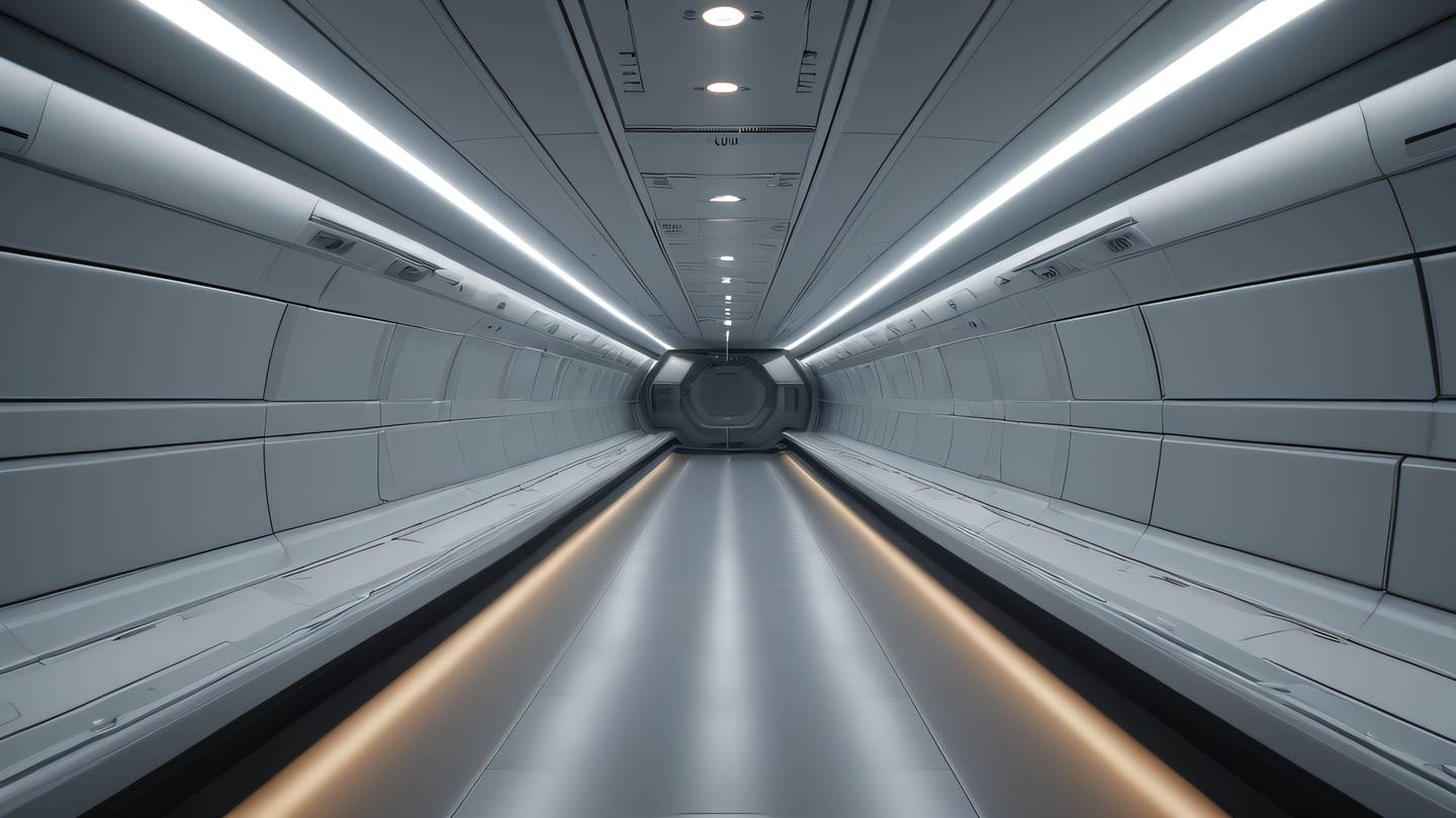 Sleek and modern spacecraft interior corridor with clean lines and ambient lighting captured from a low angle perspective featuring metallic surfaces in October mist grey and natural sand tones high-quality ultra-realistic cinematic 8K UHD high resolution sharp and detailed