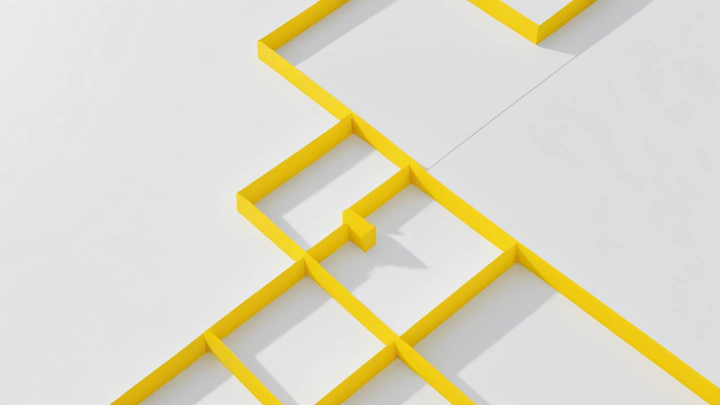 A minimalist abstract representation of interlocking geometric shapes featuring bright sunshine yellow and crisp white suggesting connection and modularity viewed from a top-down perspective high-quality ultra-realistic cinematic 8K UHD high resolution sharp and detail