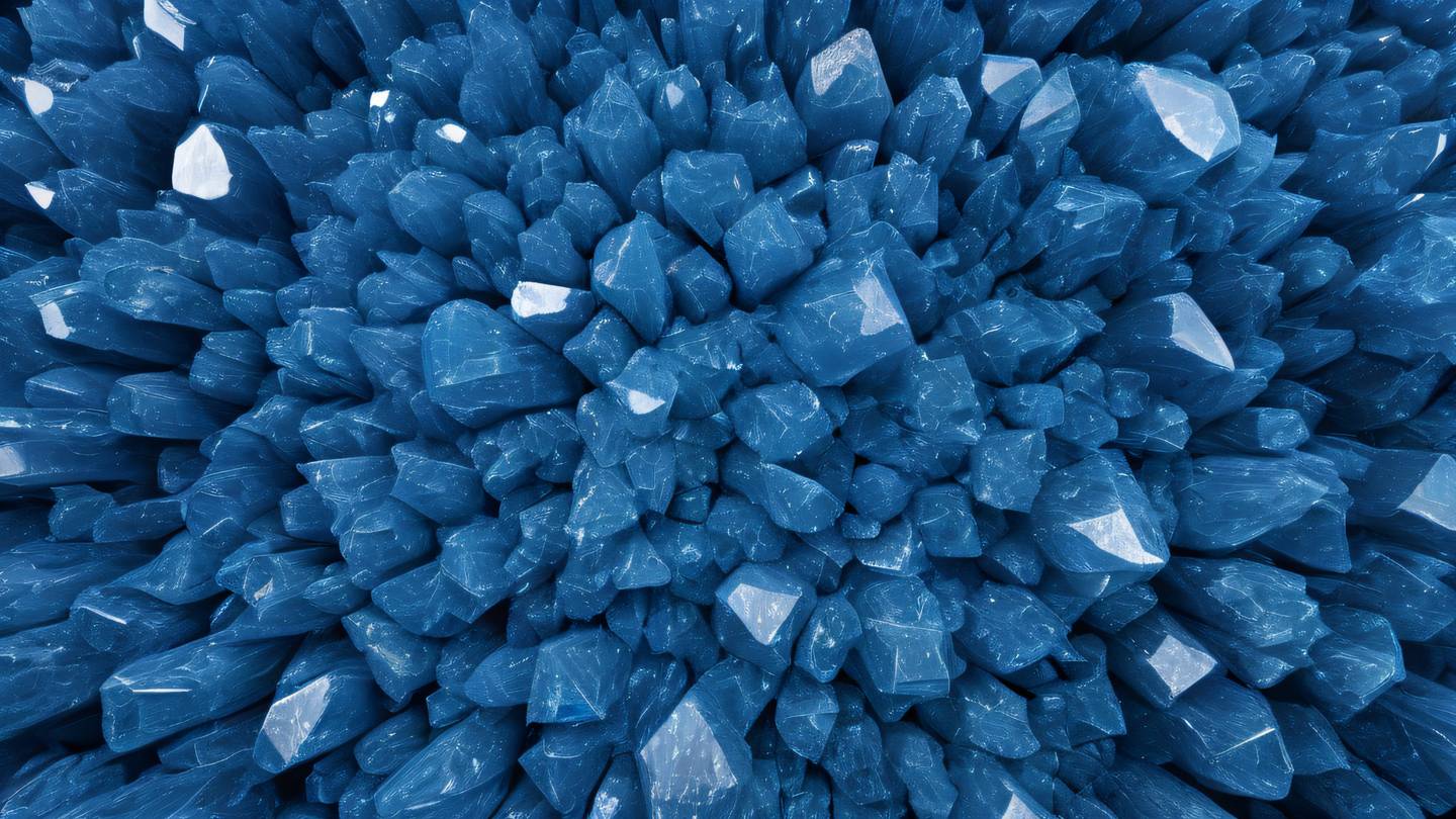 An aerial view of a sapphire blue crystalline structure with white highlights suggesting organization and structure photographed from a bird's eye view high-quality ultra-realistic cinematic 8K UHD high resolution sharp and detail