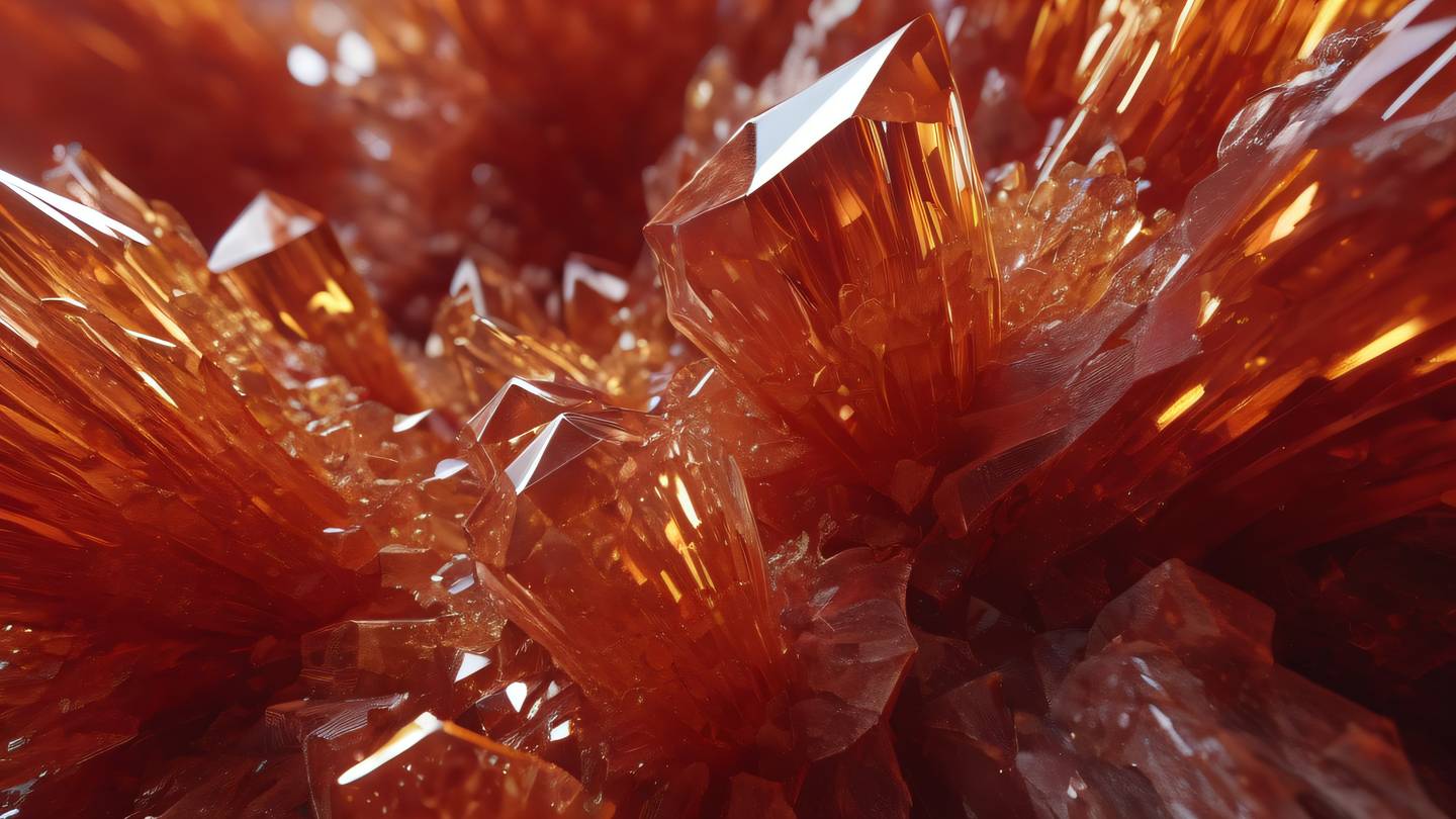 A geometric abstract composition featuring interlocking crystal formations in perfect red and ochre tones with sharp angular shapes representing flow and structure crystal formations catching light shot from a low angle perspective high-quality ultra-realistic cinematic 8K UHD high resolution sharp and detail