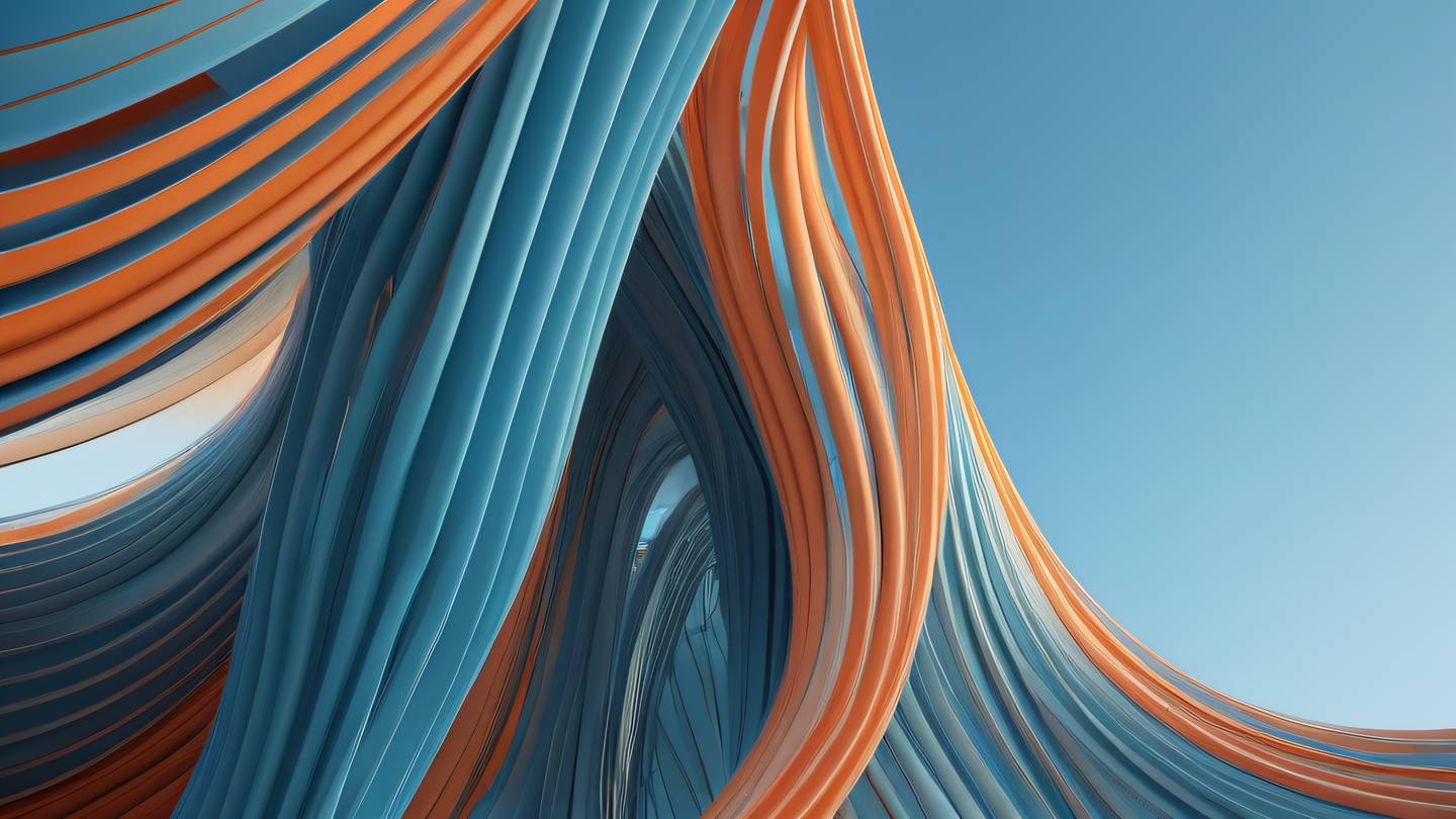 Abstract flowing architectural shapes and curves resembling data streams featuring gradients of baby blue and salmon-orange shot from a low angle perspective with dramatic upward view high-quality ultra-realistic cinematic 8K UHD high resolution sharp and detail