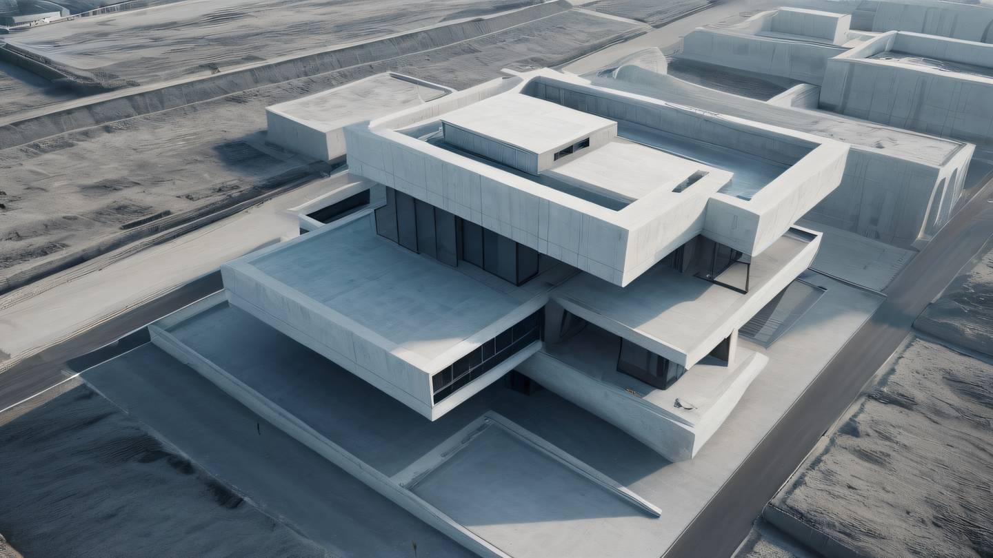 Minimalist concrete modern architecture with intersecting geometric shapes and clean lines predominantly in dusty blue and concrete colors photographed from a bird's eye view high-quality ultra-realistic cinematic 8K UHD high resolution sharp and detail