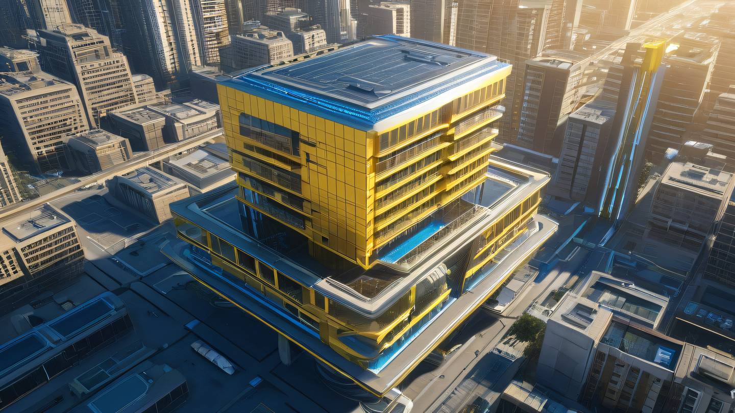 Futuristic floating building with interconnected geometric paths flowing between structures color palette dominated by sunshine yellow and sapphire blue gradient camera angle from below looking up architectural visualization high-quality ultra-realistic cinematic 8K UHD high resolution sharp and detail