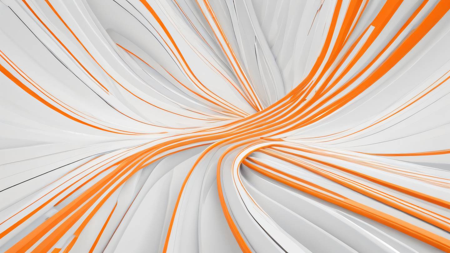 A modern abstract geometric pattern representing data flow and state management featuring intersecting clean lines and flowing curves in bright orange and white colors shot from top-down perspective high-quality ultra-realistic cinematic 8K UHD high resolution sharp and detail