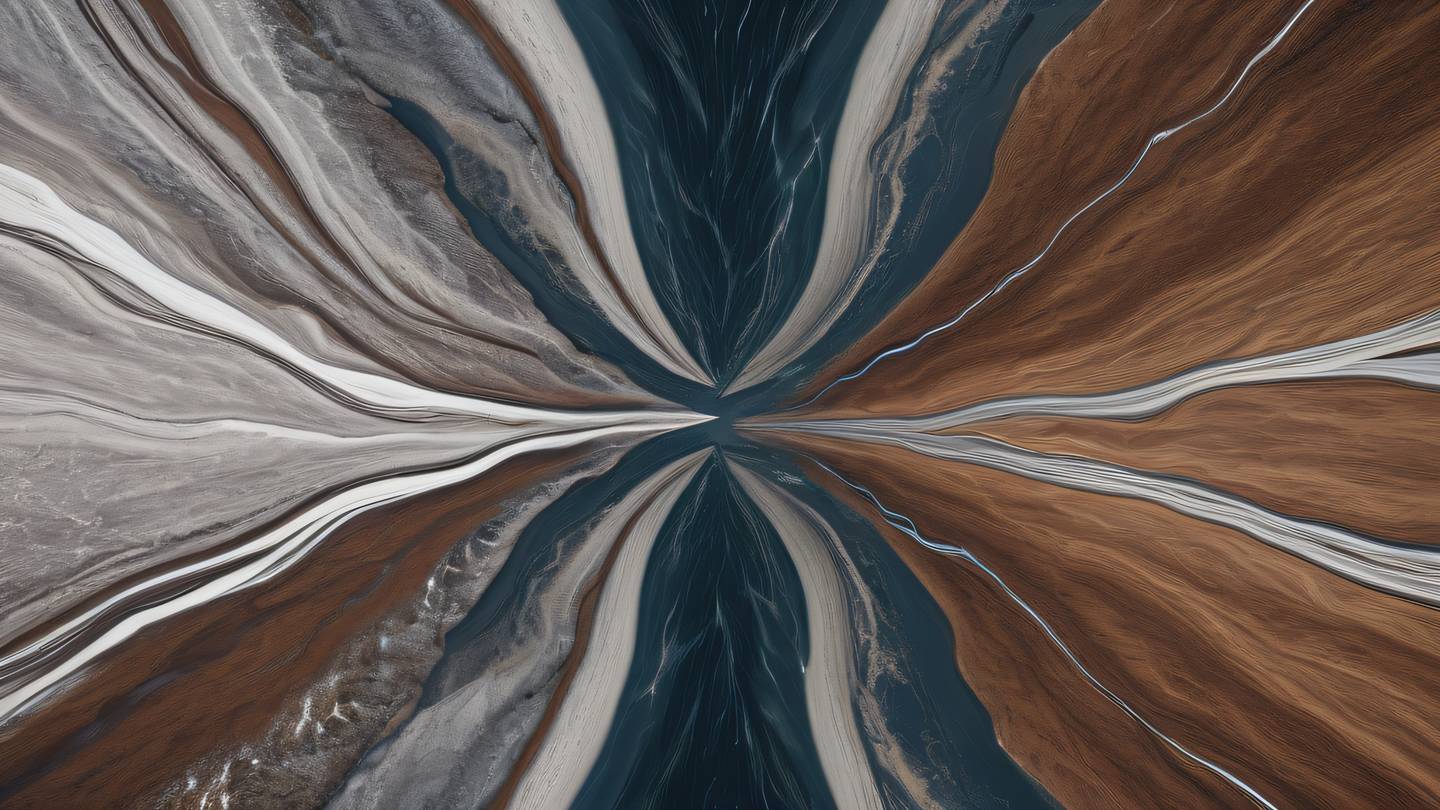 An abstract visualization of a flowing river splitting into multiple streams representing data flow transformation in silver and walnut brown colors captured from a bird's eye view high-quality ultra-realistic cinematic 8K UHD high resolution sharp and detail