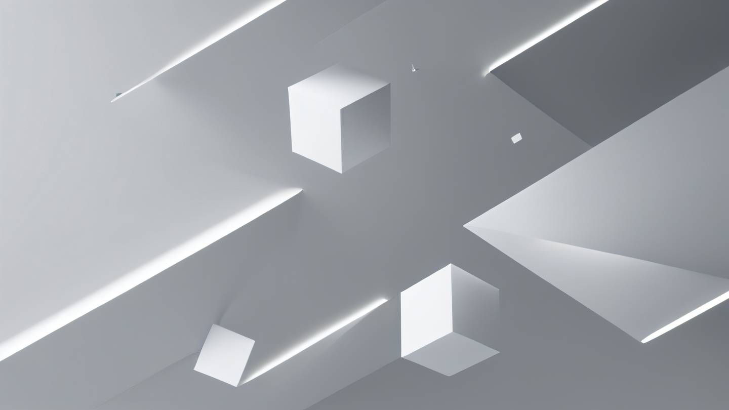 A minimalist abstract composition of floating geometric shapes and clean lines in modern grey and white tones photographed from a 45-degree angle high-quality ultra-realistic cinematic 8K UHD high resolution sharp and detail