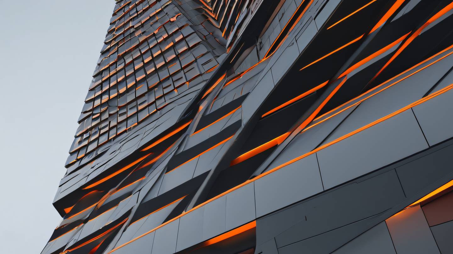 An abstract architectural structure with clean lines and geometric patterns in bright orange and iron grey colors shot from a low angle perspective high-quality ultra-realistic cinematic 8K UHD high resolution sharp and detail