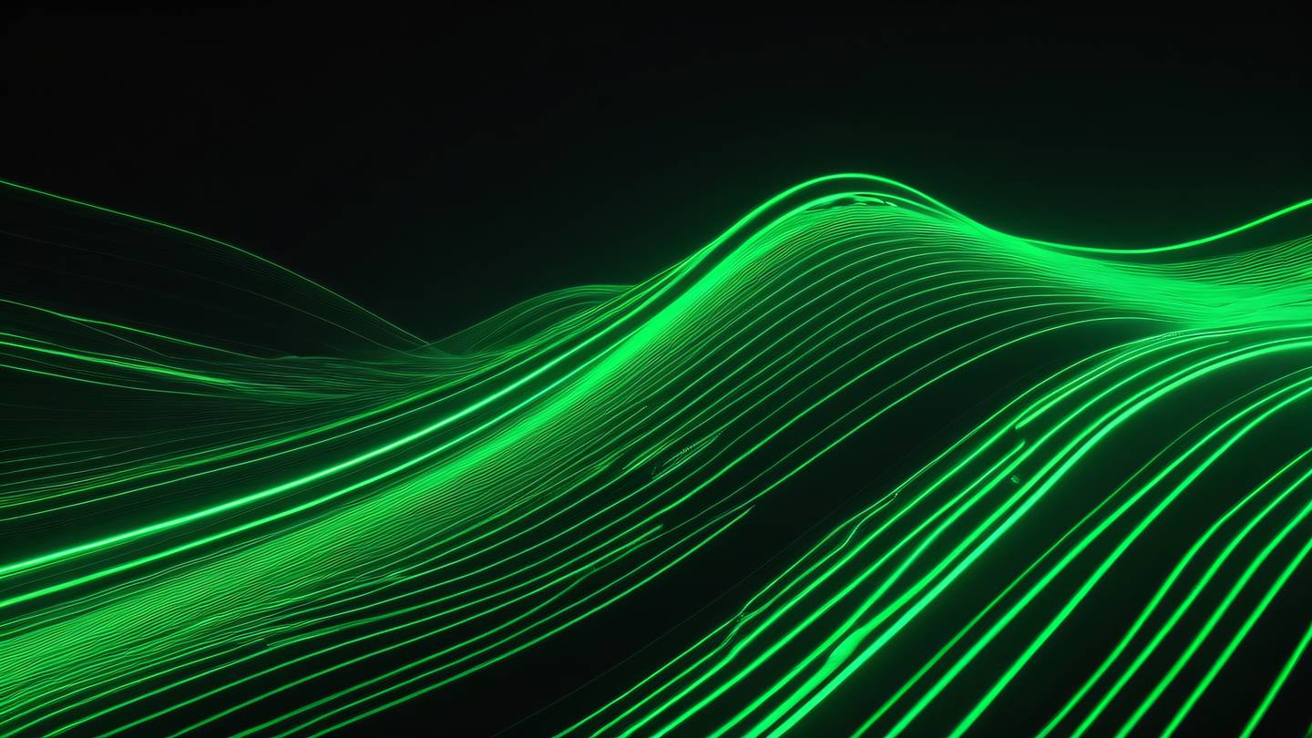 Abstract flowing lines of code represented as glowing neon green light streams against black background captured from a low angle perspective resembling digital aurora borealis ultra-realistic cinematic 8K UHD high resolution sharp and detailed