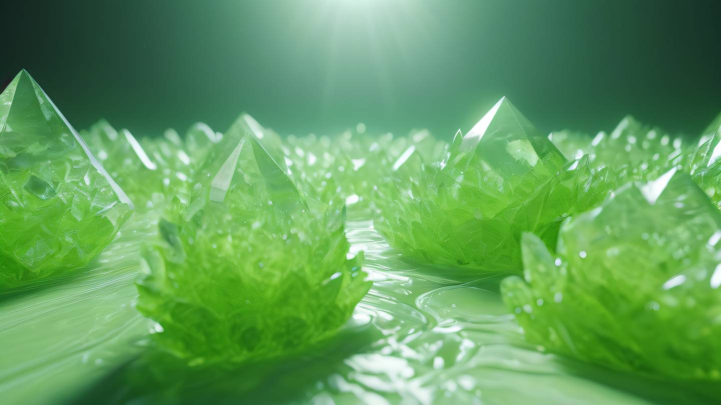 Crystal formations emerging from smooth surface bright lime green color with white highlights captured from eye-level perspective emphasizing geometric patterns and light refraction high-quality ultra-realistic cinematic 8K UHD high resolution sharp and detailed