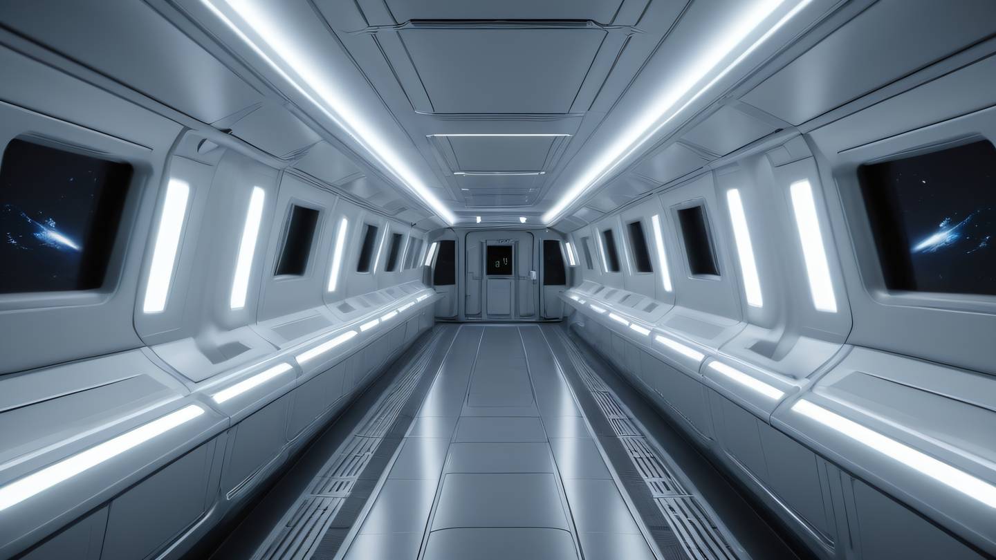 A sleek spacecraft interior corridor with clean metallic surfaces and ambient lighting featuring metallic silver and bright white accents captured from a central perspective high-quality ultra-realistic cinematic 8K UHD high resolution sharp and detail