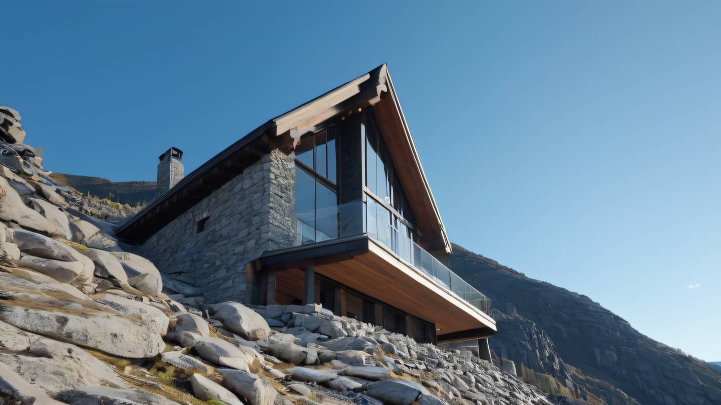 Abstract architectural detail of a modern mountain lodge featuring natural stone textures and bright metallic elements shot from an upward angle with dusty blue sky backdrop high-quality ultra-realistic cinematic 8K UHD high resolution sharp and detail