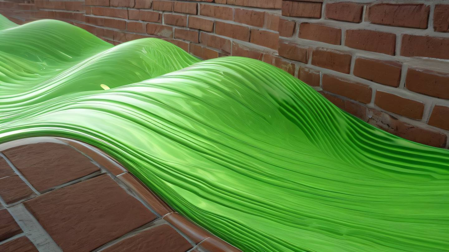 Abstract waves and curves representing fluid motion etched glass color transitioning to fluorescent green with sun-washed brick accents ultra-realistic cinematic quality 8K resolution captured from slight low angle