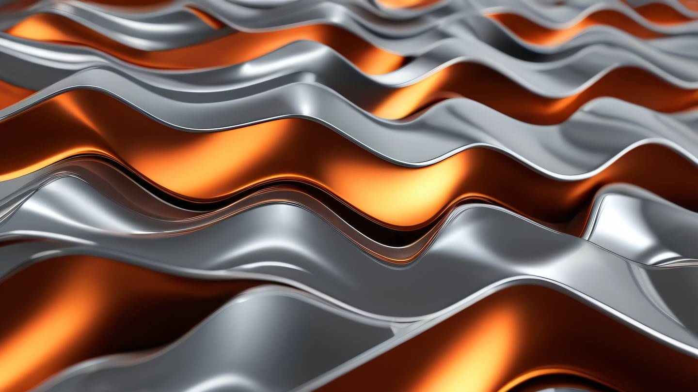 Elegant iron and orange geometric waves creating a dynamic composition photographed from a low angle featuring metallic reflections and clean lines high-quality ultra-realistic cinematic 8K UHD high resolution sharp and detail