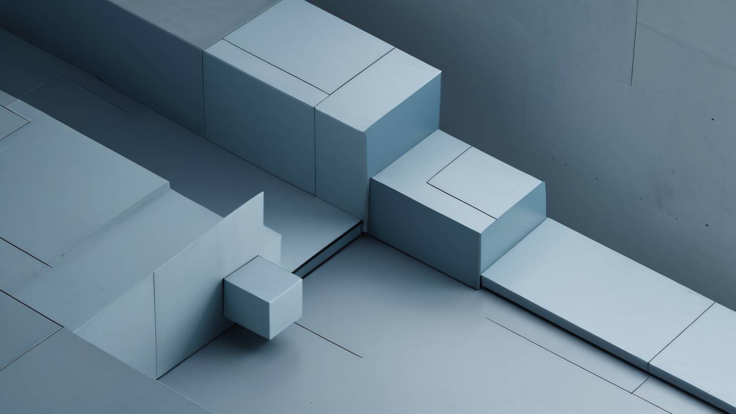 Industrial minimalist composition with floating geometric shapes featuring zinc and dusty blue tones architectural elements with clean lines high-quality ultra-realistic cinematic 8K UHD high resolution sharp and detail shot from a 45-degree angle