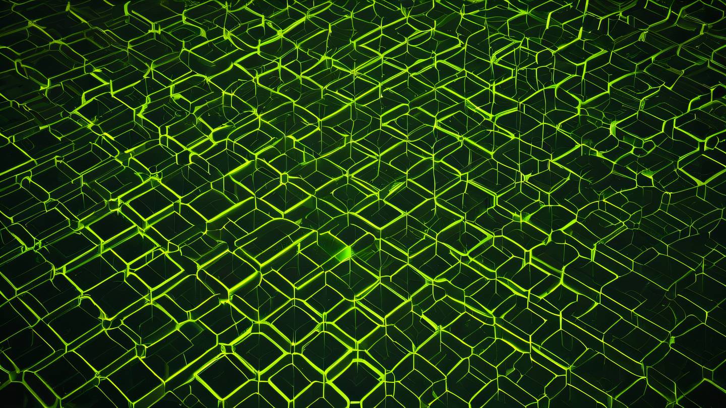 Abstract geometric patterns representing data cache systems with interconnected hexagonal shapes. Dominated by sunshine yellow and fluorescent green colors. Top-down aerial view perspective high-quality ultra-realistic cinematic 8K UHD high resolution sharp and detail