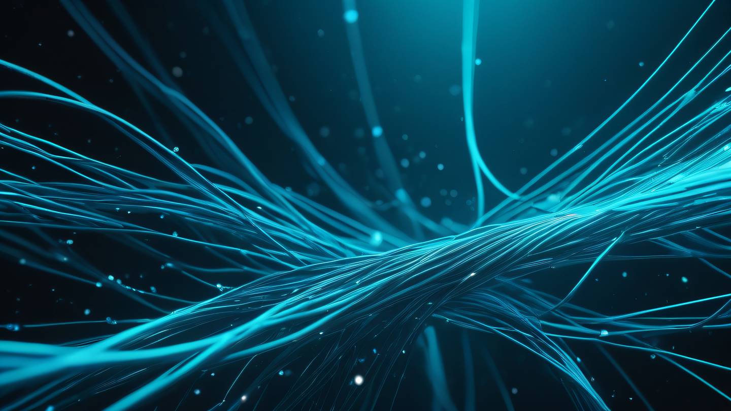 A modern abstract representation of data flow through networking cables featuring flowing streams of bright cyan and electric blue light particles against a deep turquoise background captured from a diagonal top-down perspective high-quality ultra-realistic cinematic 8K UHD high resolution sharp and detail