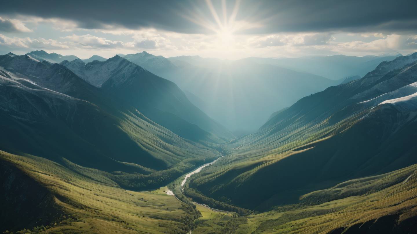 Serene mountain valley with streaming sunlight through clouds featuring bright teal sky and natural earth tones captured from an aerial perspective high-quality ultra-realistic cinematic 8K UHD high resolution sharp and detail